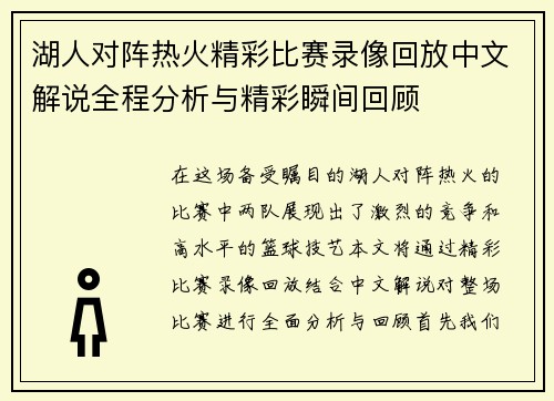 湖人对阵热火精彩比赛录像回放中文解说全程分析与精彩瞬间回顾