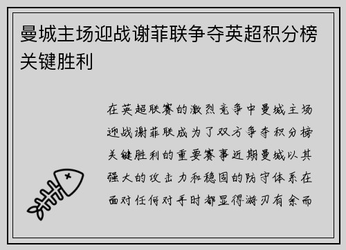 曼城主场迎战谢菲联争夺英超积分榜关键胜利