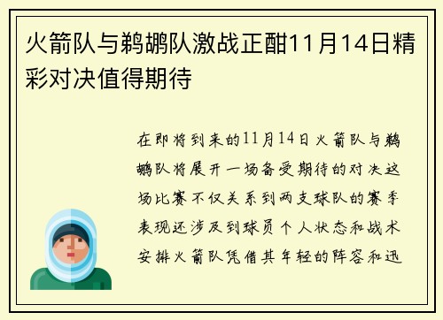 火箭队与鹈鹕队激战正酣11月14日精彩对决值得期待