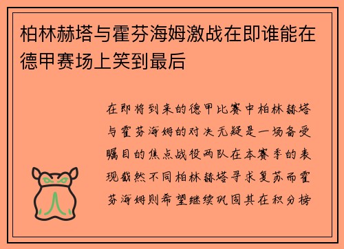 柏林赫塔与霍芬海姆激战在即谁能在德甲赛场上笑到最后