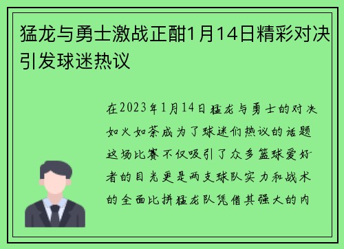 猛龙与勇士激战正酣1月14日精彩对决引发球迷热议