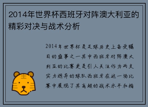 2014年世界杯西班牙对阵澳大利亚的精彩对决与战术分析